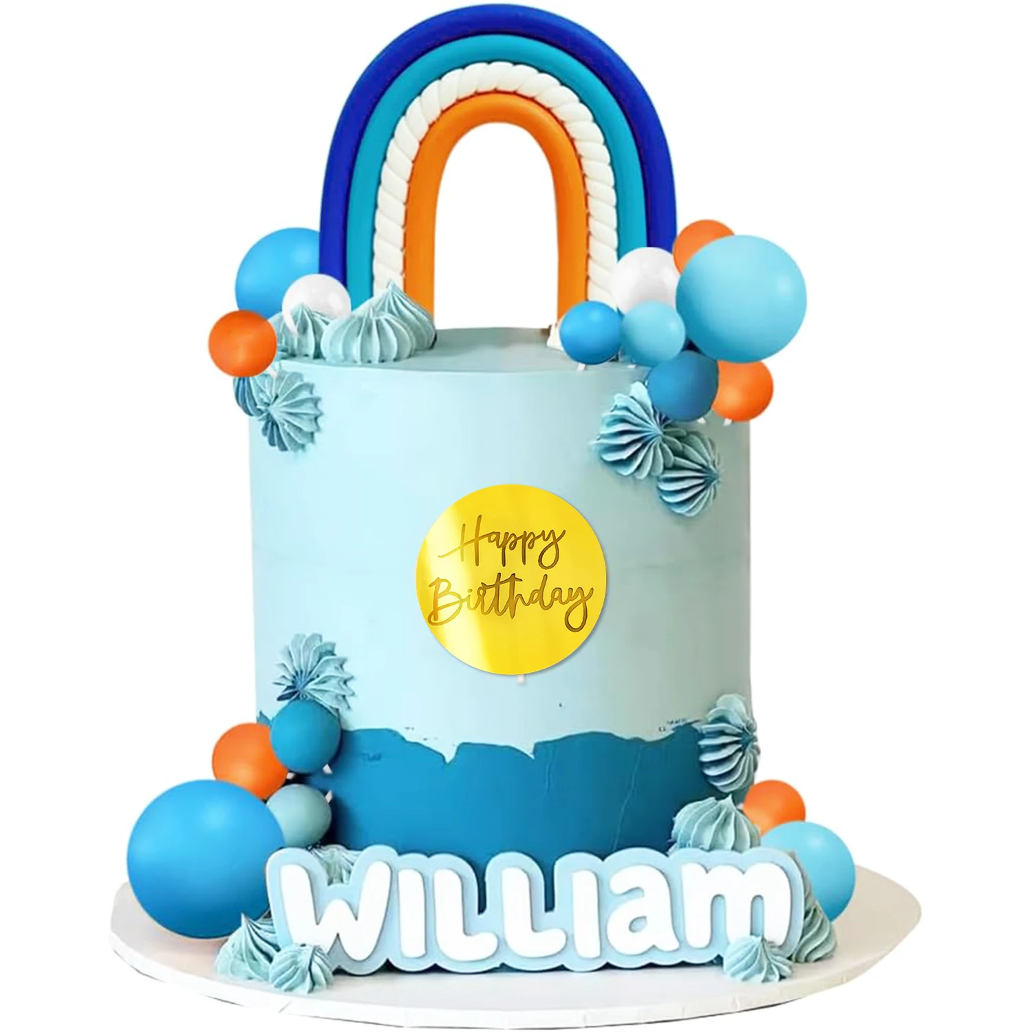 32 Stück blauer Regenbogen-Kuchenaufsatz mit blau-orangefarbener Kugel für das Baby-Geschlecht enthüllt, Jungen- und Mädchengeburtstag, blaue Mottoparty, Hochzeit