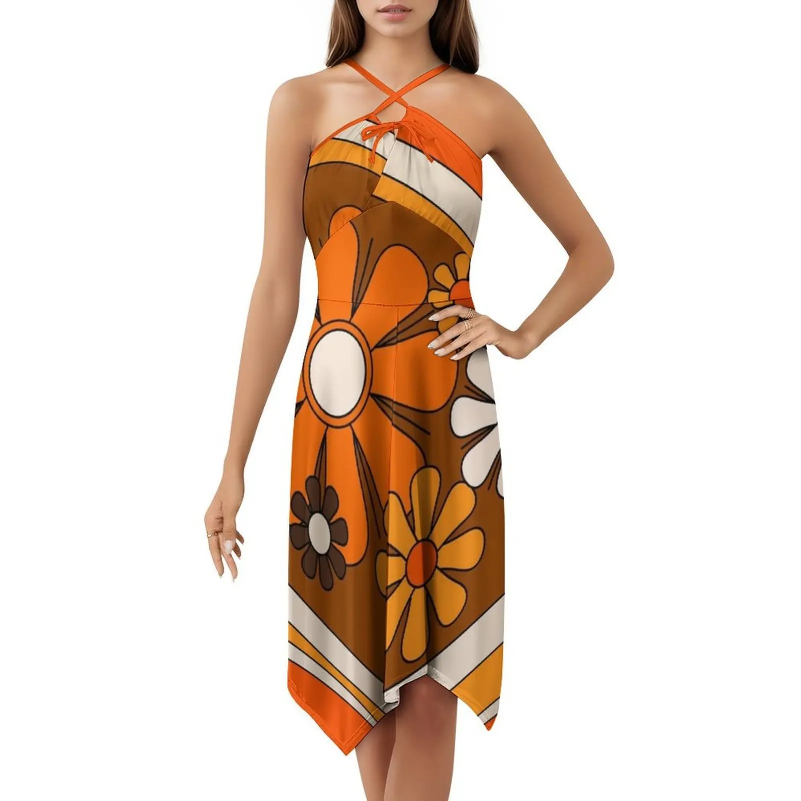 الأزهار Daydream نمط الرجعية في 70S البرتقالي والبني المرأة فستان الحفلات الأنيقة ألف خط فستان مع قصيرة/طويلة/أكمام #5
