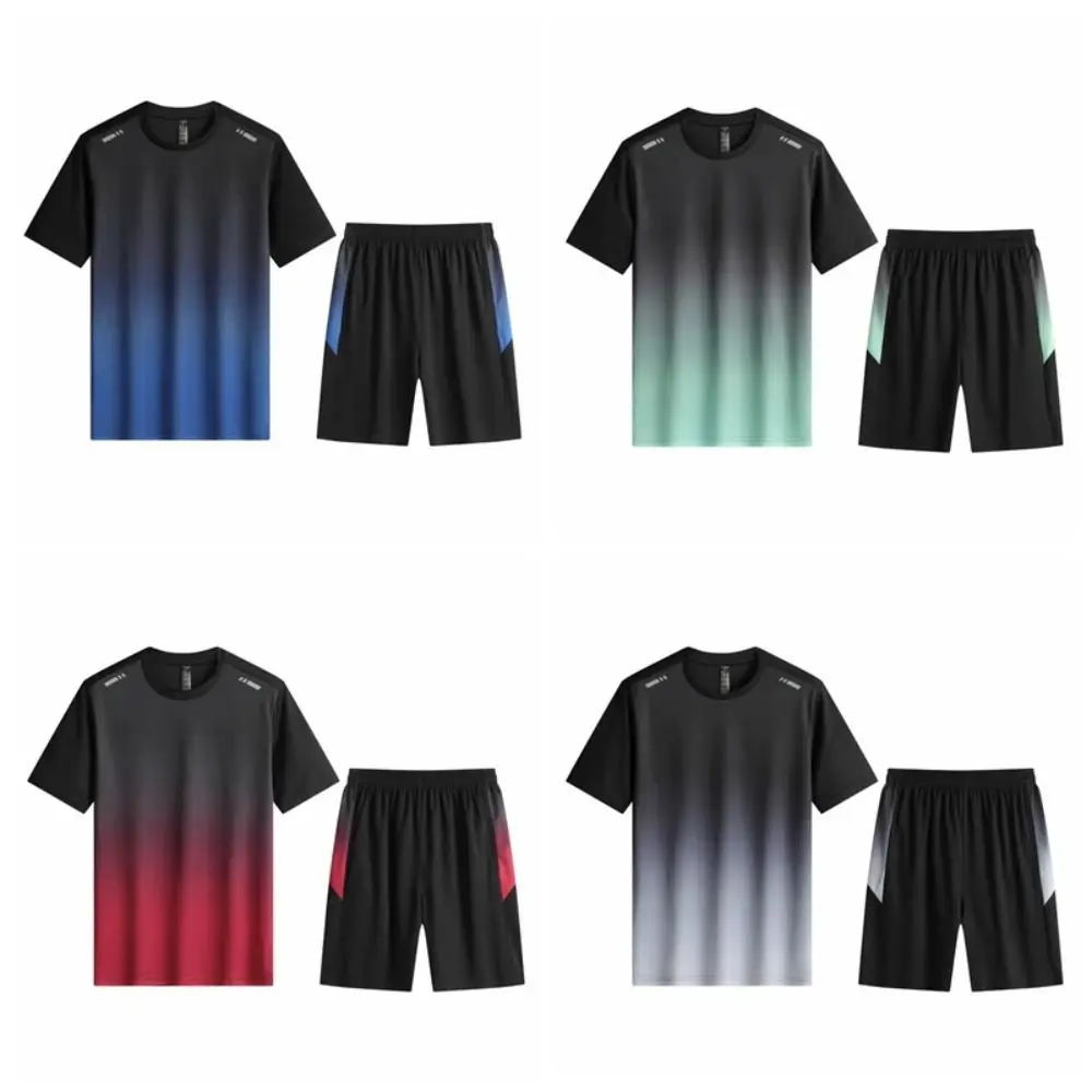 เสื้อยืดแขนสั้นสีไล่ระดับสีกางเกงขาสั้นเย็บปะติดปะต่อกันระบายอากาศฤดูร้อนชุดกีฬาชุดกีฬาเสื้อผ้าชาย