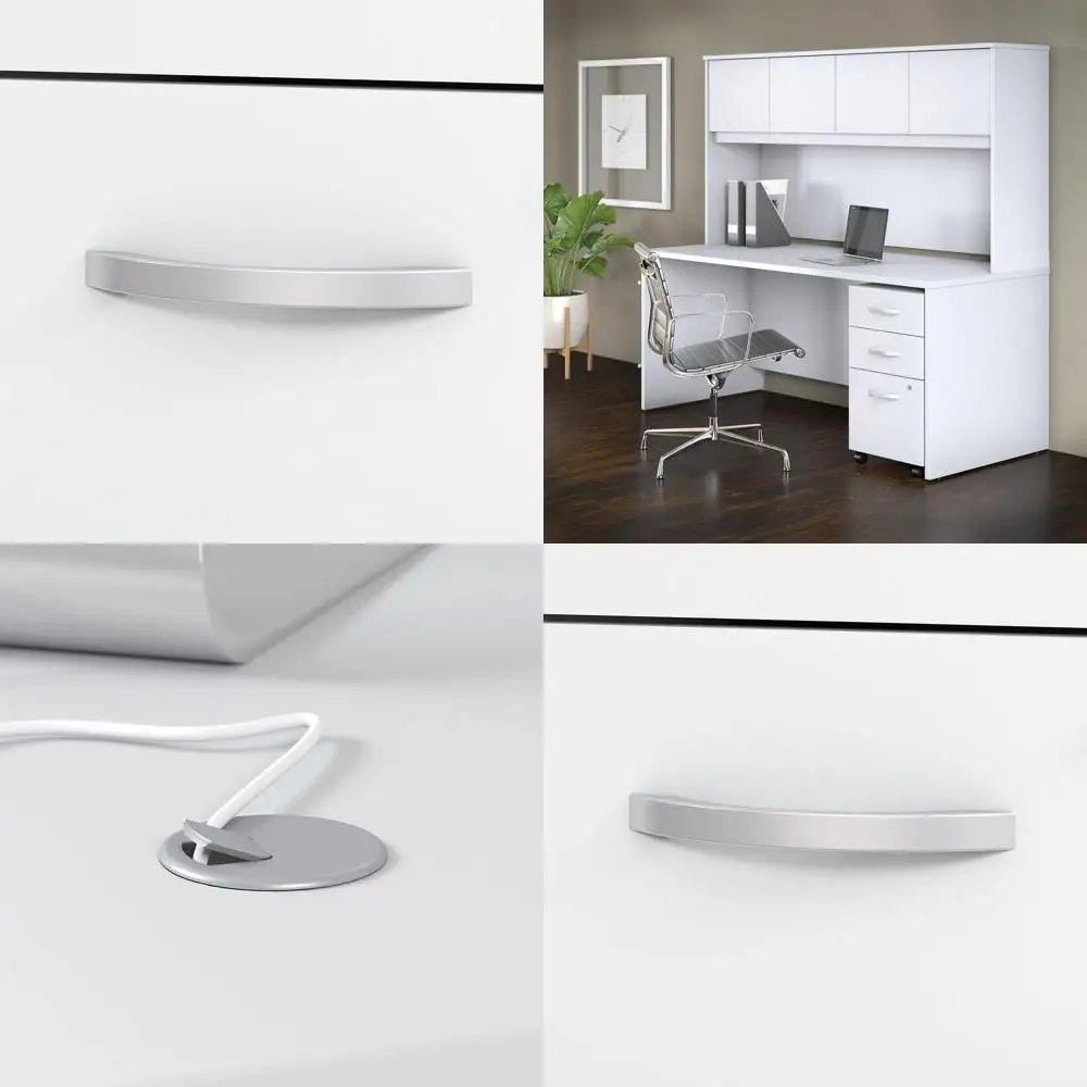 

Large White Office Desk with Hutch and Mobile File Cabinet, Ideal for Home or Professional Workspace