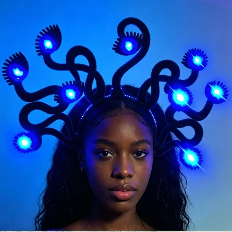 

LED Light Up Blue Eye Snake Headband, Glowing Medusa Serpent Hairband, Scary Halloween Cosplay Headpiece for Night Club Festival