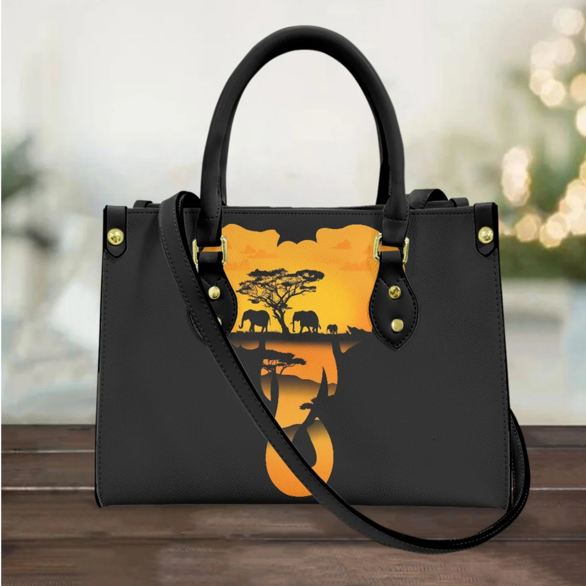 

African Elephant Lion Giraffe Print Fashion Totes Vintage PU Leather Top Handle Shoulder Bag Animal Lovers Gift Cross Body Bags