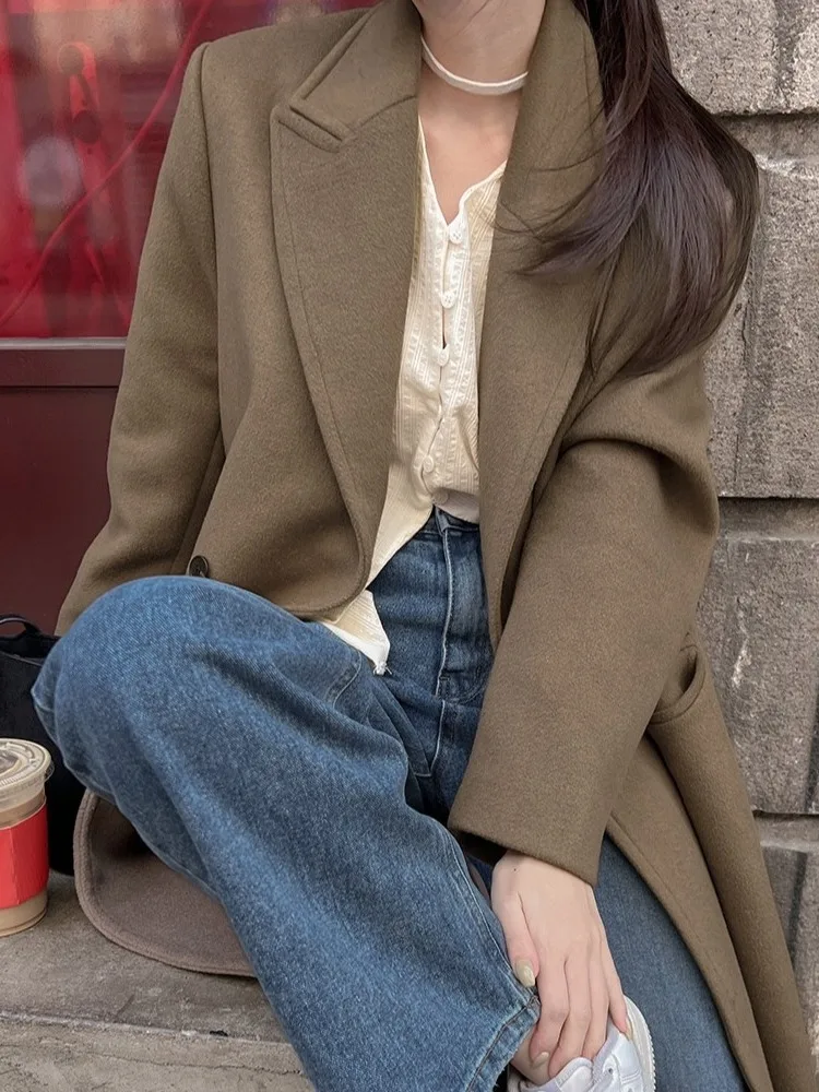 

Зимнее винтажное женское двубортное шерстяное пальто, свободное длинное пальто с лацканами на заказ, Pure Color