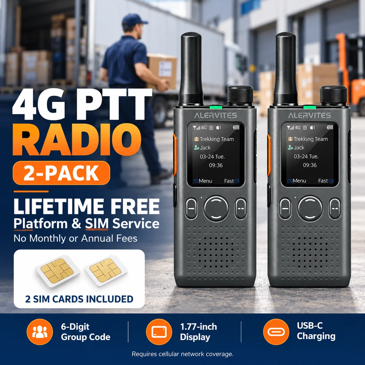 SHJ S560 4G LTE PoC Walkie Talkie, Lifetime Free SIM+Super-PTT Platform, 5000km Group/Private Call Two Way Radio 2.4in USB-C SOS