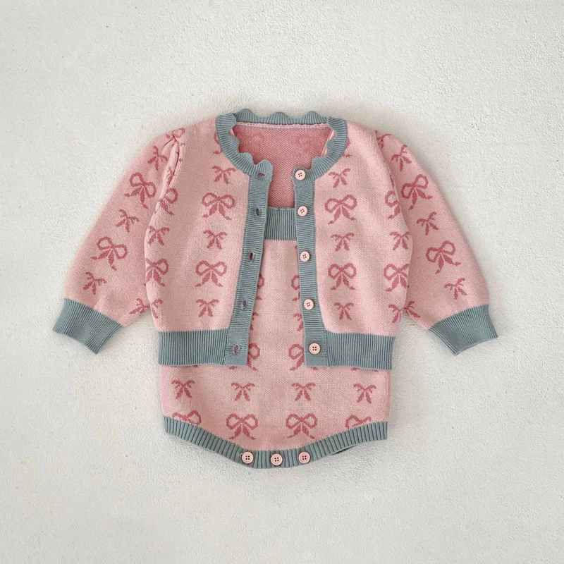 Autumn new model for 0-3 years old baby clothing, shell collar, bow bow lifting, knitted long-sleeved cardigan + onepiece