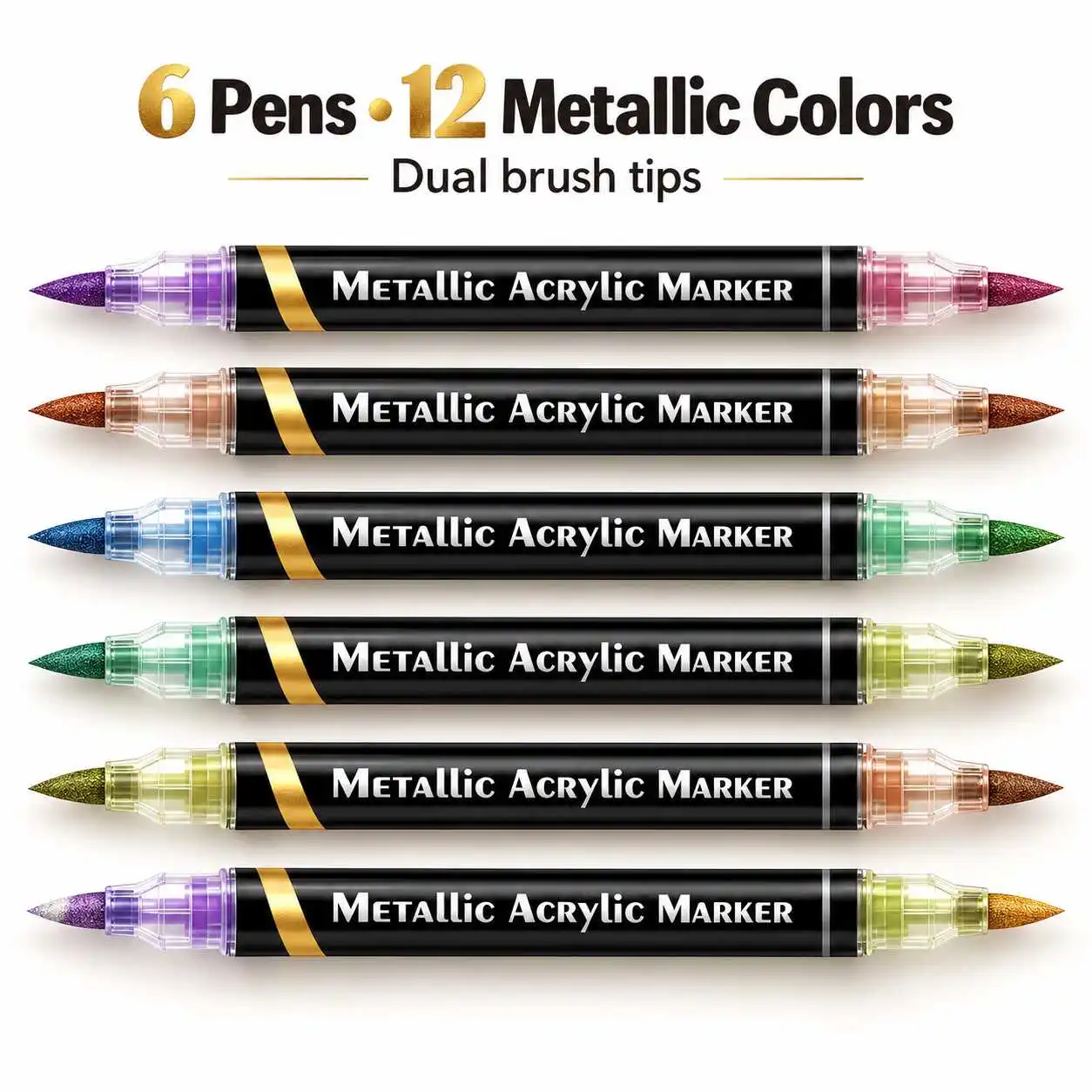 6pcs 12 Colors Dual Brush Tip Metallic Acrylic Marker Pens Set for Drawing Lettering and Decorative Art