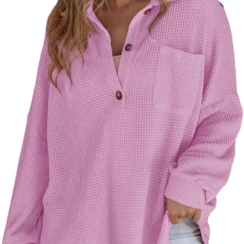 Mujer nueva moda Otoño Invierno Waffle Top De punto Casual manga larga botón camisa De Color sólido con bolsillos Blusas De Mujer