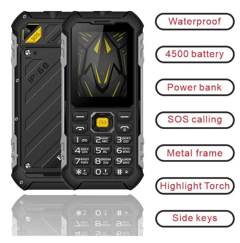 

EAOR 2G Feature Keypad Phone Waterproof rugged 4500mAh Power Bank High brightnessTorch Volume side key SOS One Click Dialing