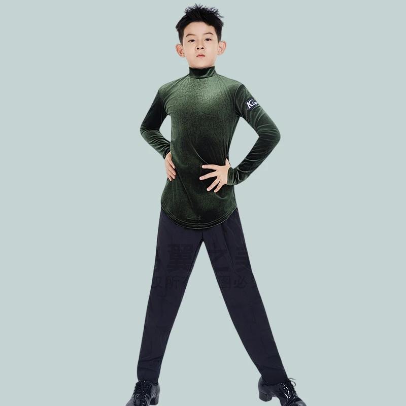 Jungen Latin Dance Kostüm Langarm Samt Tanz Top Cha Cha Rumba Tango Tanzen Outfit Schwarze Hosen Latin Praxis Tragen AMY2866