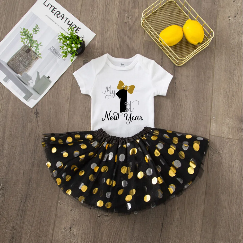 HELLO 2024 Happy New Year Baby Girl Tutu Dress Set My 1st New Year Girls Outfit Holiday Party Clothes New Year Romper+tutu Skirt