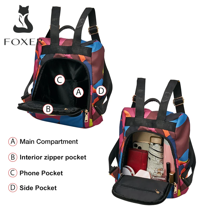 FOXER Women Oxford Waterproof Fashion Backpack Teenage Girl\'s School Bag Anti-Theft Zipper Backpack Female Light Travel Backpack