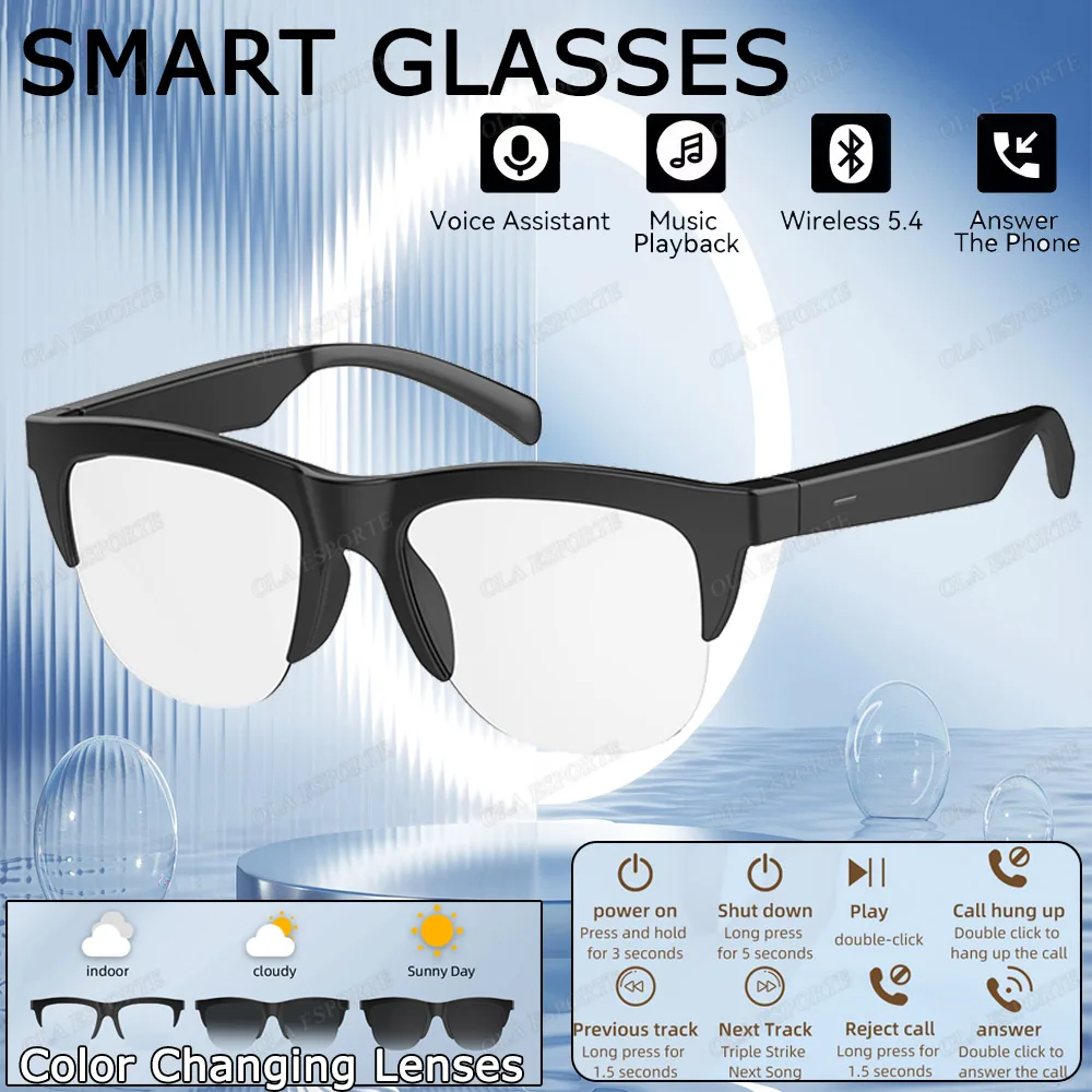 2026 Photosensitive Color Change Smart Glasses Bluetooth Voice Calls Control Music UV Polarized Sunglasses Headphone Glasses Man