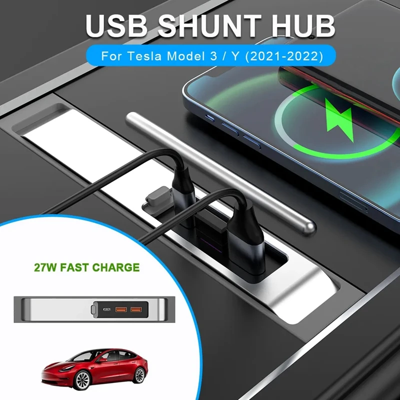 USB Hub 27W Quick Interior Charger Intelligent USB Docking Station Shunt Hub Accessories For Tesla Model 3 Model Y