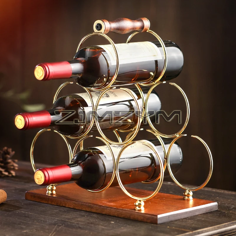 Modern Metal Wine Rack with Handle Bottle Storage Tabletop 6 Bottle Wine Holder Display for Home Bar Decorations
