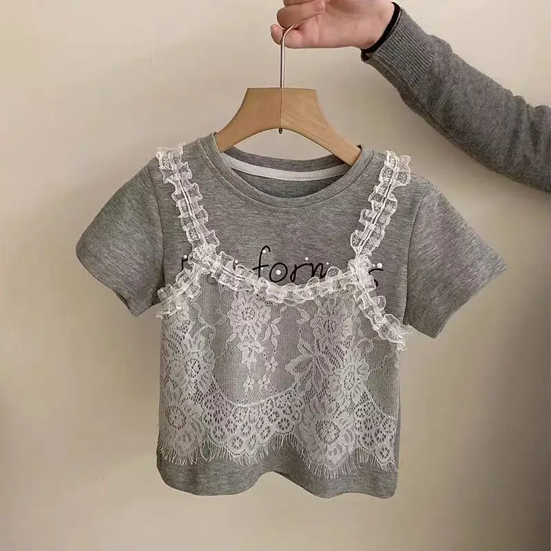 Girls' Summer Korean Edition Set Lace Fake Two piece Short sleeved T-shirt New Middle and Large Children's Loose Cowboy Pants 4