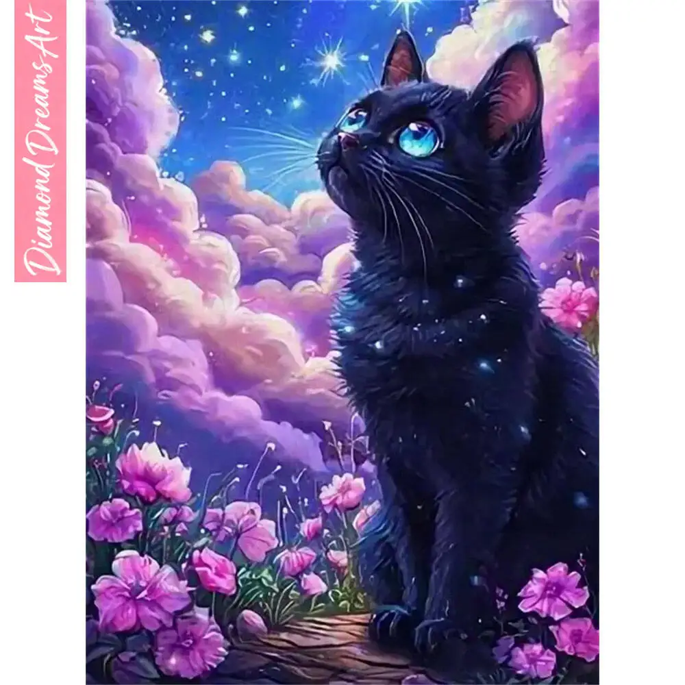 Diamant-Malerei Halloween-Katze 5D DIY Lavendelblumen Diamant-Mosaik Neue Kollektion 2025 Heimdekoration, Rahmenlos