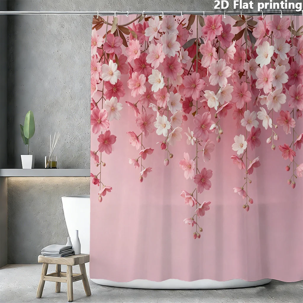 2D Flat, 1pc 2D Flat Printing Curtain Shower with Pink and White Cherry Blossoms on Pink Background Suitable for Multiple Scenes