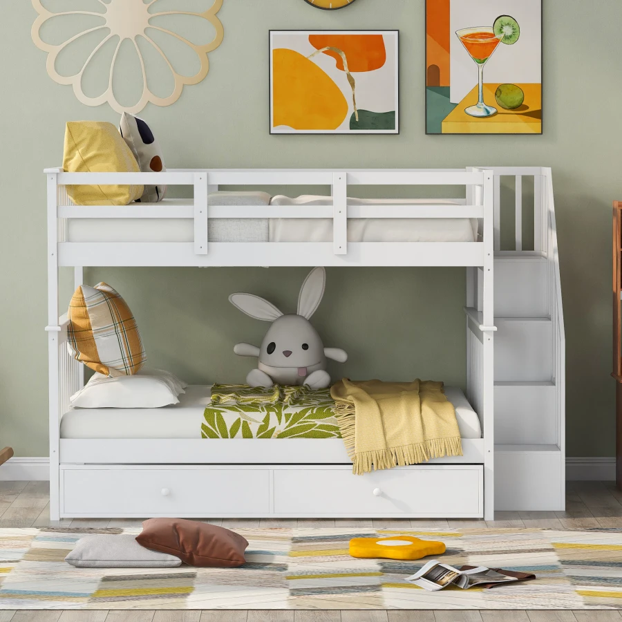 Stairway Full-Over-Full Bunk Bed with Twin size Trundle, Storage and Guard Rail for Bedroom, Dorm - White OLD SKU :LT000210AAK