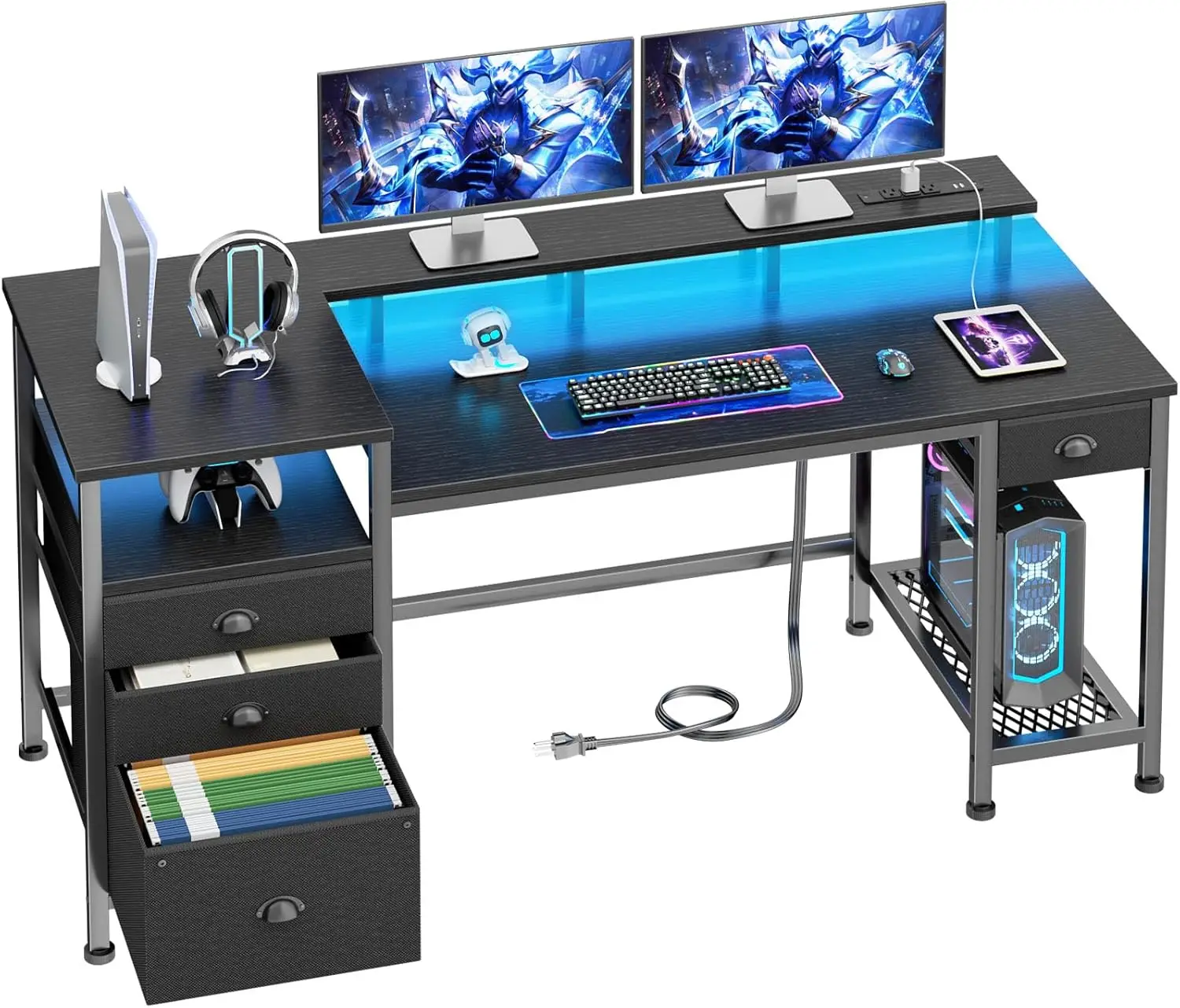 

Black Computer Desk with 4 Drawers, 60" Long Office Desk with Fabric File Cabinet and Power Outlets, Gaming Desk with LED Lights