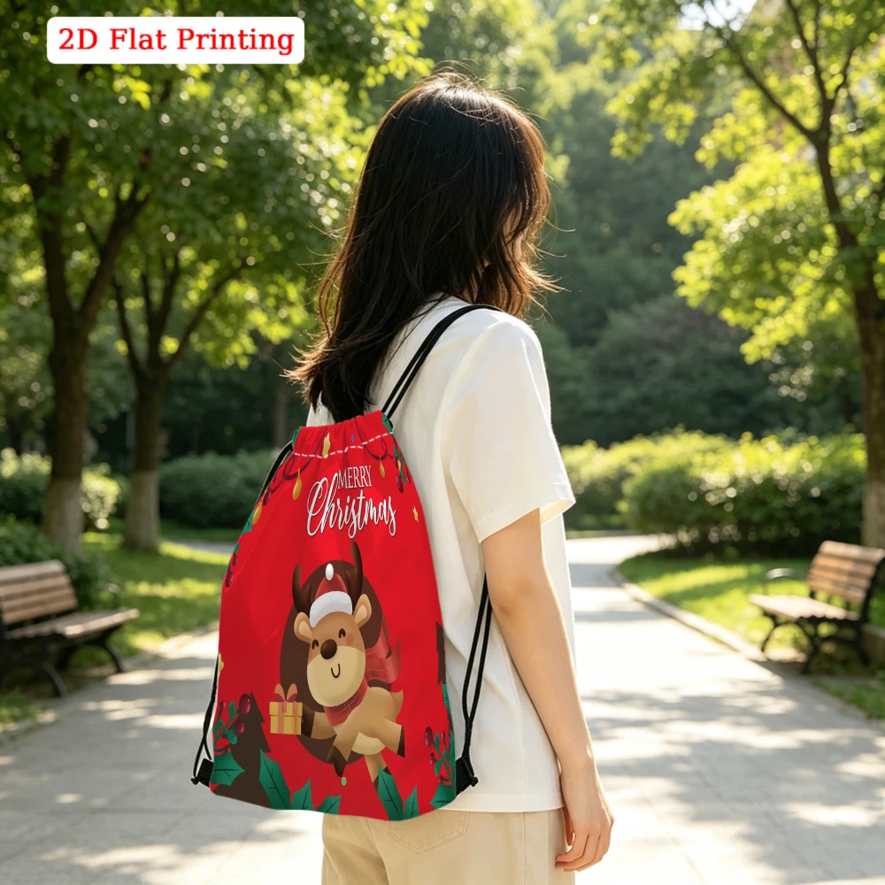 Cartoon 2D Flat Printed Merry Christmas Reindeer Drawstring Backpack Fitness Sports Bag Outdoor Travel