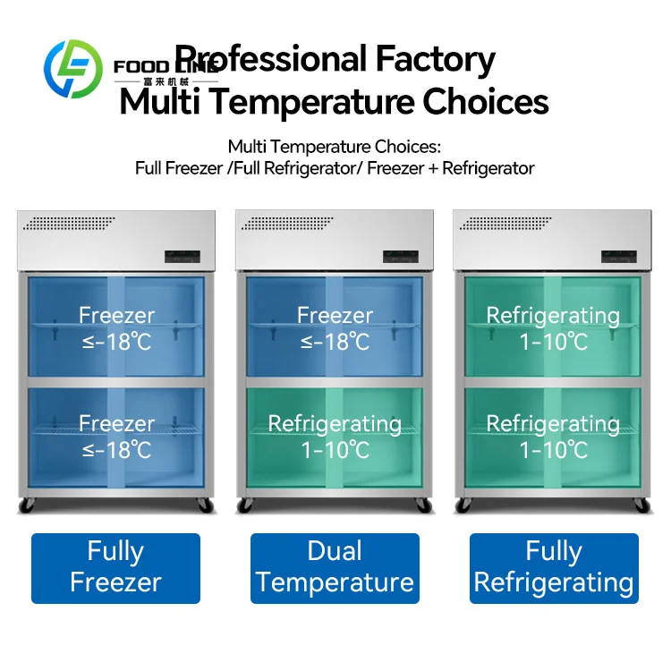 Customized Commercial Upright Stainless Steel Fridge 4 Or 6 Door Dual Temp Direct Cooling Refrigerators Brand Compressor