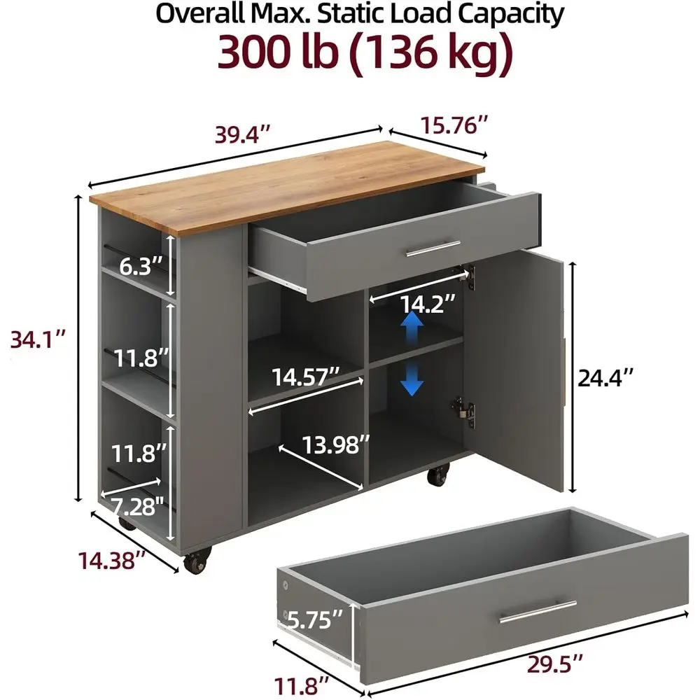 Kitchen Island with Storaand Der, Rolling Kitchen Island on Wheels with 3-Tier Spice Rack, Adjustale Shel & Towel Rack, Moile Is