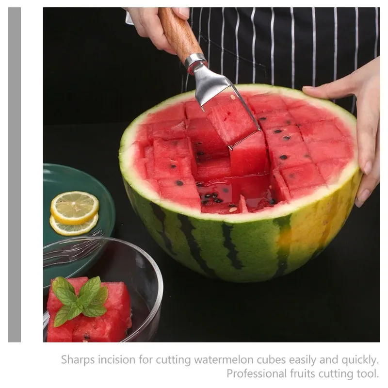Watermelon Cutter Stainless Steel Blade Wooden Handle Multifunctional Fruit Slicer Kitchen Utensil For Home Melon Cube Cutting