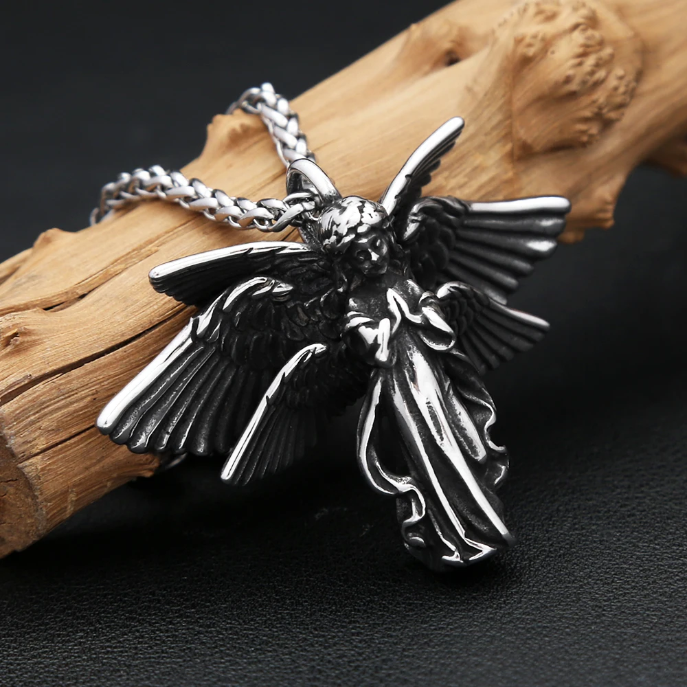 Vintage 316L Stainless Steel Guardian Angel Wings Pendant Necklaces For Men Women Fashion Praying Hand Amulet Jewelry Wholesale