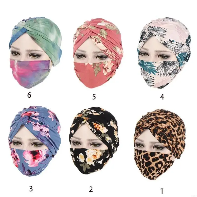 2x Stretch Turban Hat Muslim Twist Hood Mask Set Sleep Cap for Home for Sun Prot