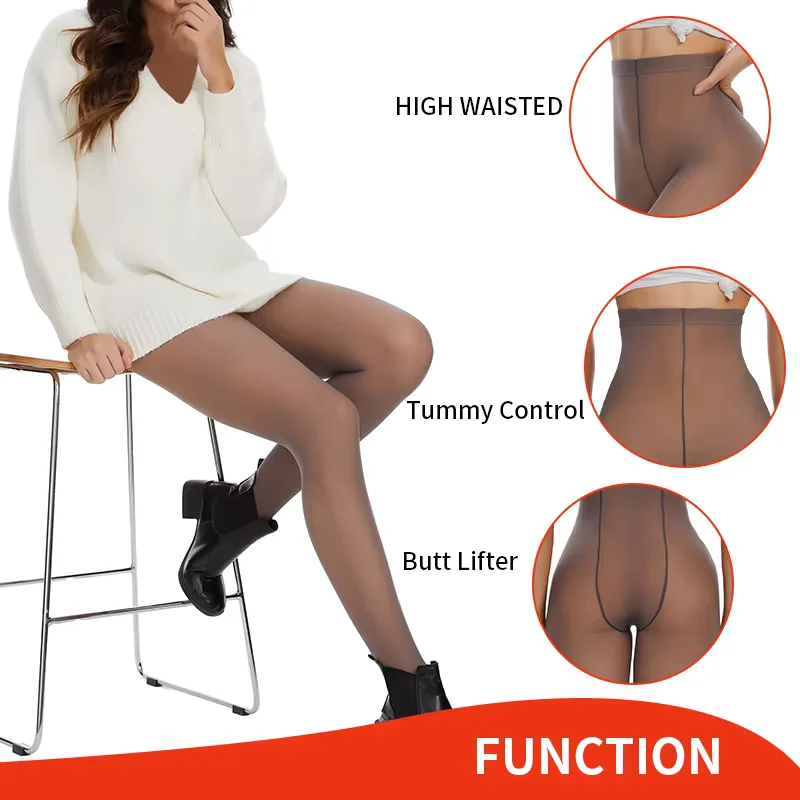 2PCS Women Sexy Pantyhose High Waist Thermal Fleece Tights Translucent Fake Stockings Warm Legging Soft Shaping Sock Pants