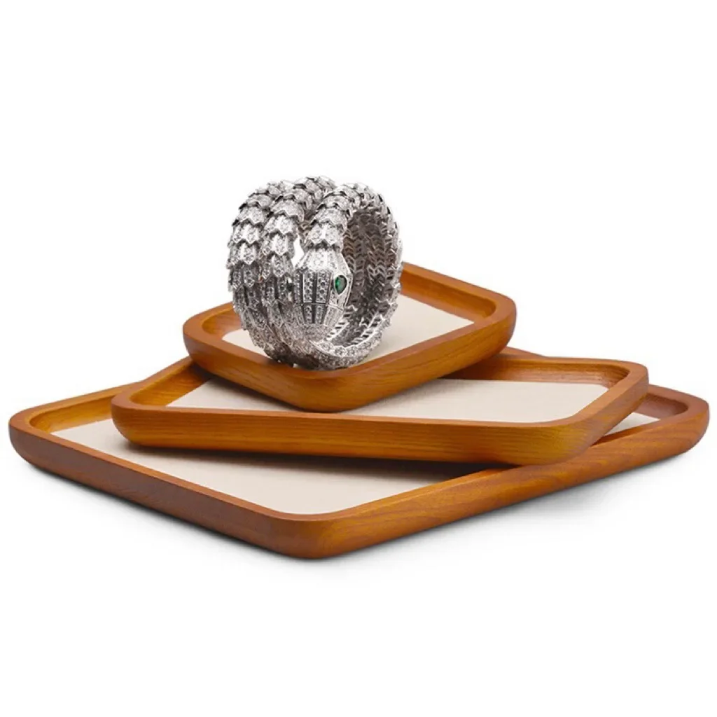 yesHeMu Wooden Jewelry Display Tray with Velvet Lining, Multi-size Set for Rings Earrings Bracelets, Desktop Organizer for Jewel