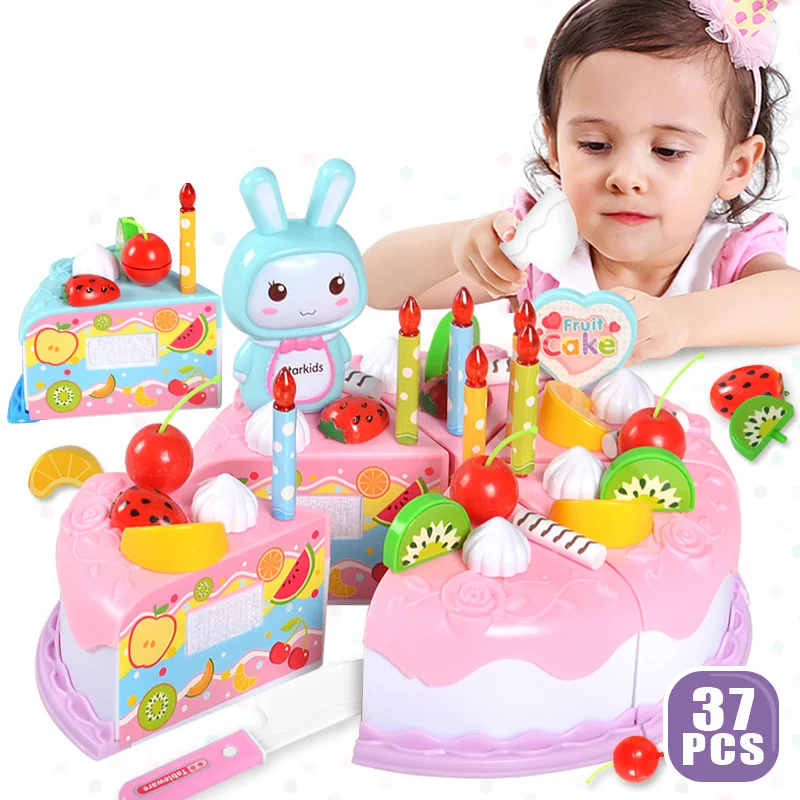 

37Pcs Kids Toy Simulation DIY Birthday Cake Model Kitchen Pretend Play Cutting Fruit Food Toy for Toddler Children Gift