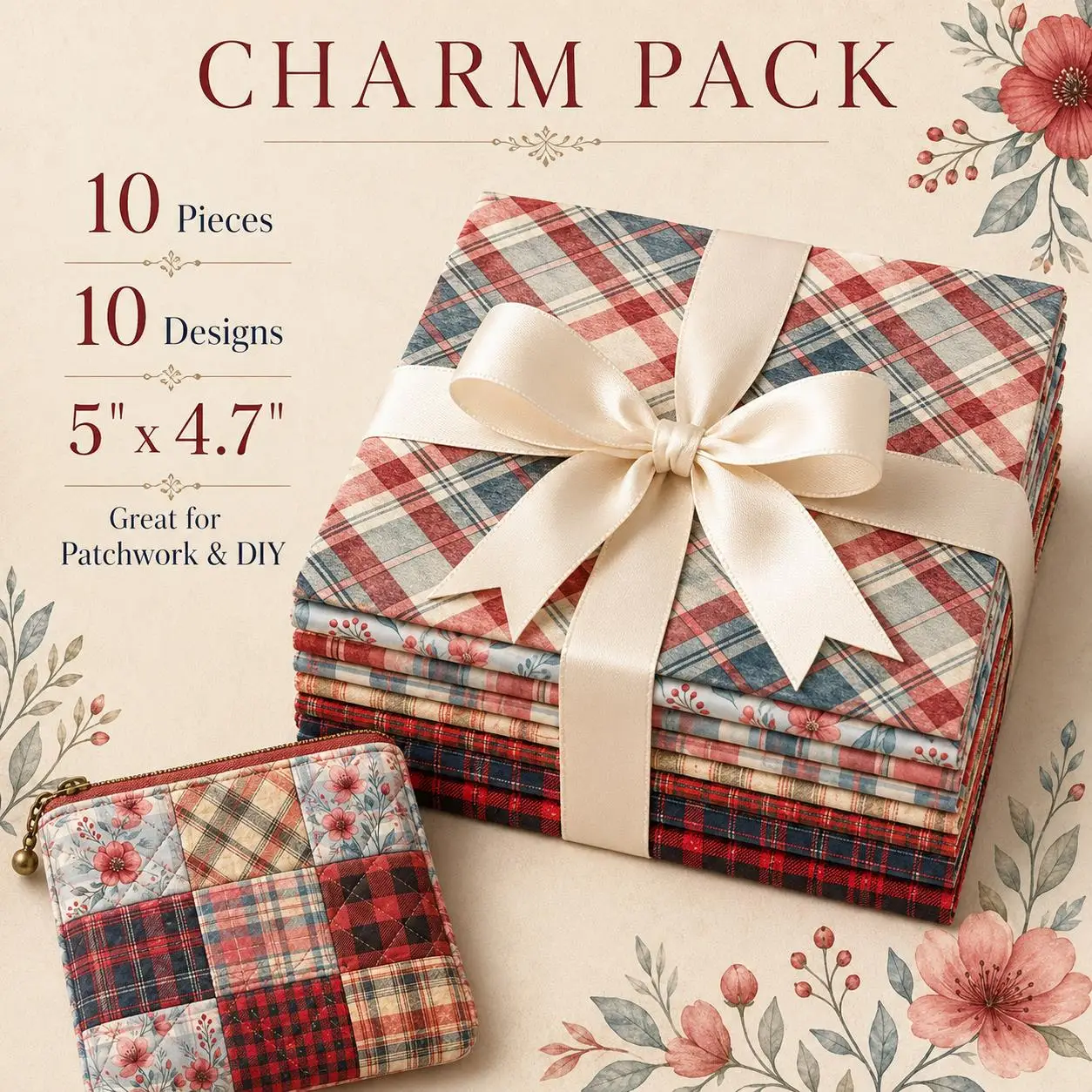 Pre-cut 10Pc/Set Christmas Plaid Series Flower Fat Quarter Fabric, Pre-Cut Square Fabric Assort, Fabric Set, Craft Fabric