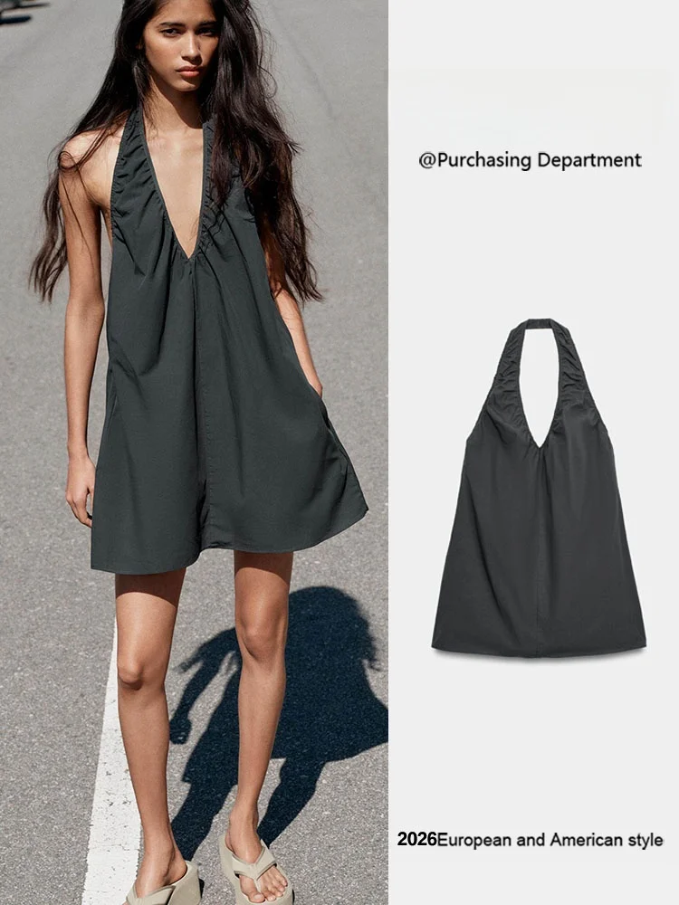 

Fashionable Dress ZA2026 Summer New Women's Clothing Elegant Collar Hanging Neck Pleated Evening Gown Party Wear