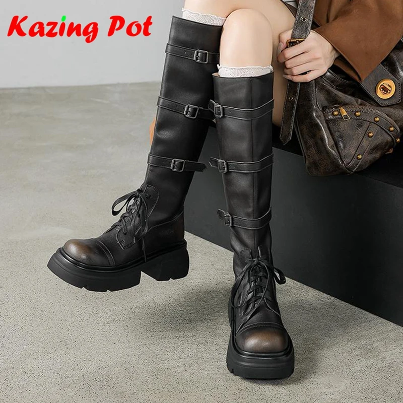 

Krazing Pot New Cow Split Skin Round Toe Med Heels Riding Boots Keep Warm Winter Lace Up Shoes Black Brown Women Knee-high Boots