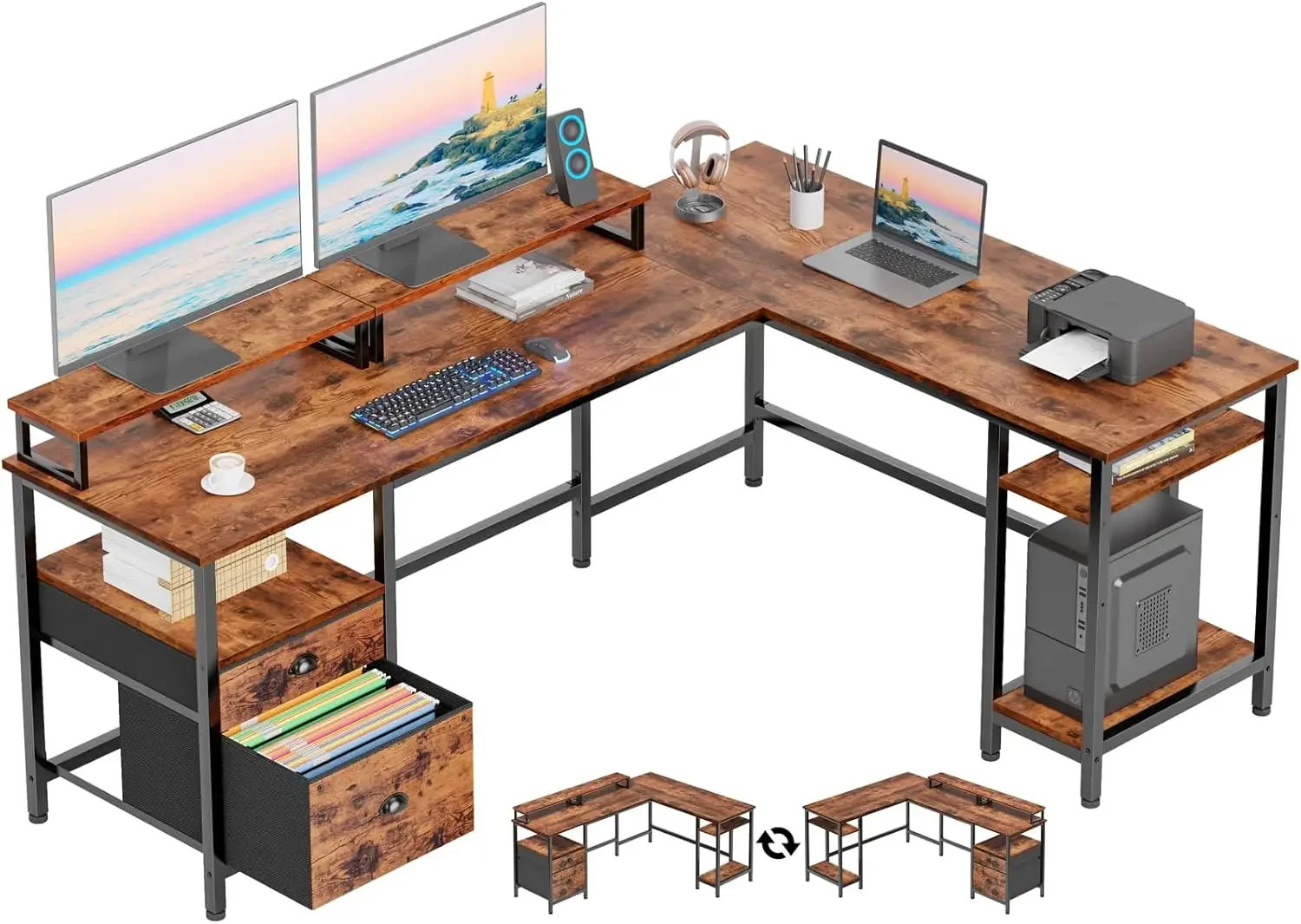 

66" L Shaped Computer Desk with Shelves, Reversible Corner Gaming Desk with File Drawer and Dual Monitor Stand, Large Home