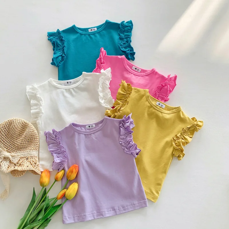 

XTY-Girls' Short-Sleeved Cotton Summer Clothes Children's Wear Doll Shirt Fashionable Cuff LaceTBaby T-shirt PrincessT