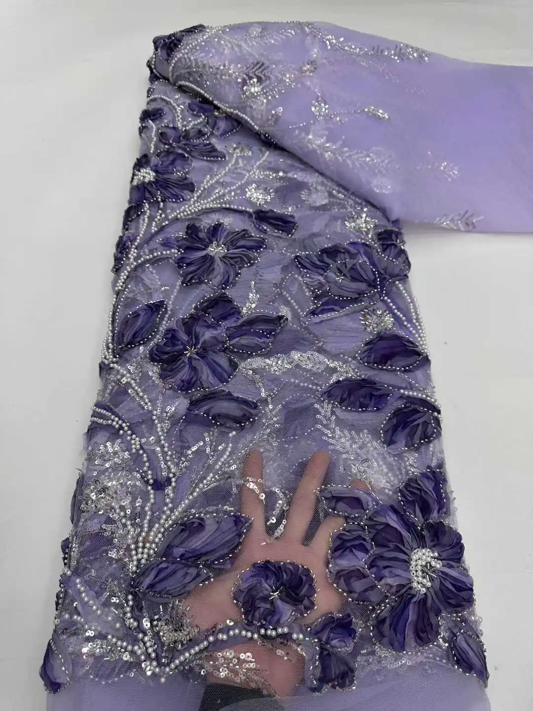 قماش دانتيل شيفون شبكي مطرز بالحجارة - نسيج أنيق نمساوي عالي الجودة لفساتين الحفلات المسائية لعام 2026NN1896_R