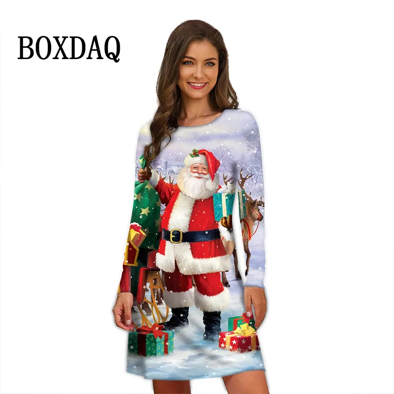 Vestido de Natal Manga Longa Feminino, Papai Noel 3D, Estampado Floco de Neve, Casual Solto, Vestidos Linha A, Roupas de Festa Festival, Inverno