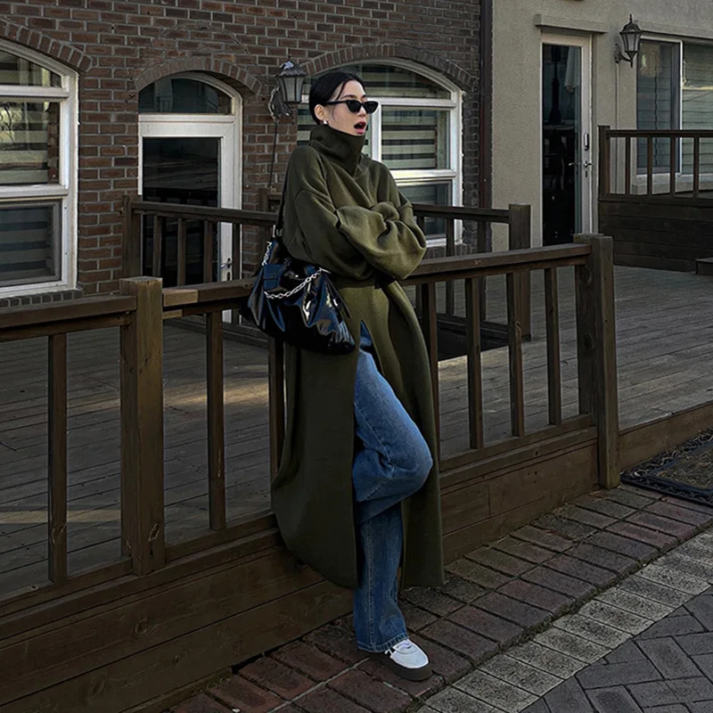 

Ele High Collar Long Knitted Dr Women's Autumn Winter New Sle Advanced Feeling Sweater Chic Cold Tone Fem Faion