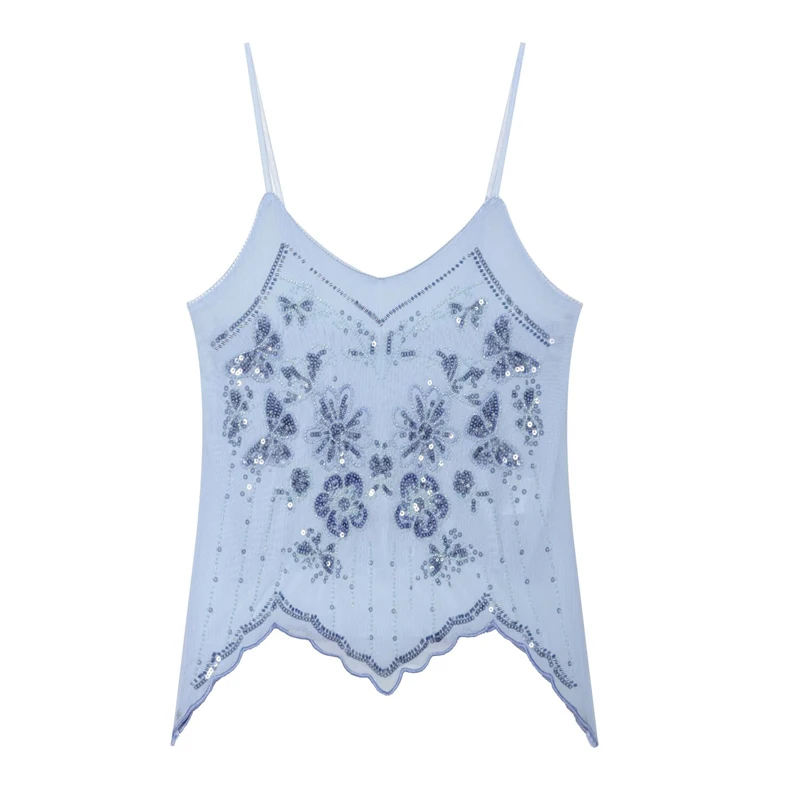 HXAO Embroidery Beaded Top Women Sleeveless Slip Sequin Crop Top Summer Irregular Hem Mesh Tank Tops Backless Beach Camisole
