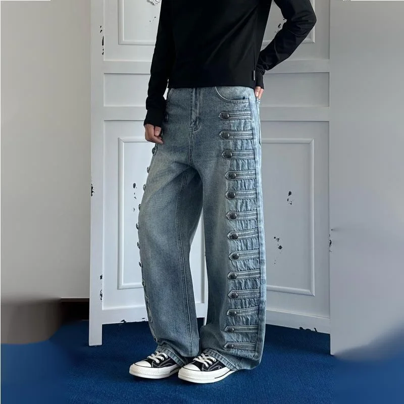 HKSH Spring New Men Tide Chic Ins Unique Deconstructed Buttons Wide Jeans Washed Drapey Straight High Street Denim Pants HK27308