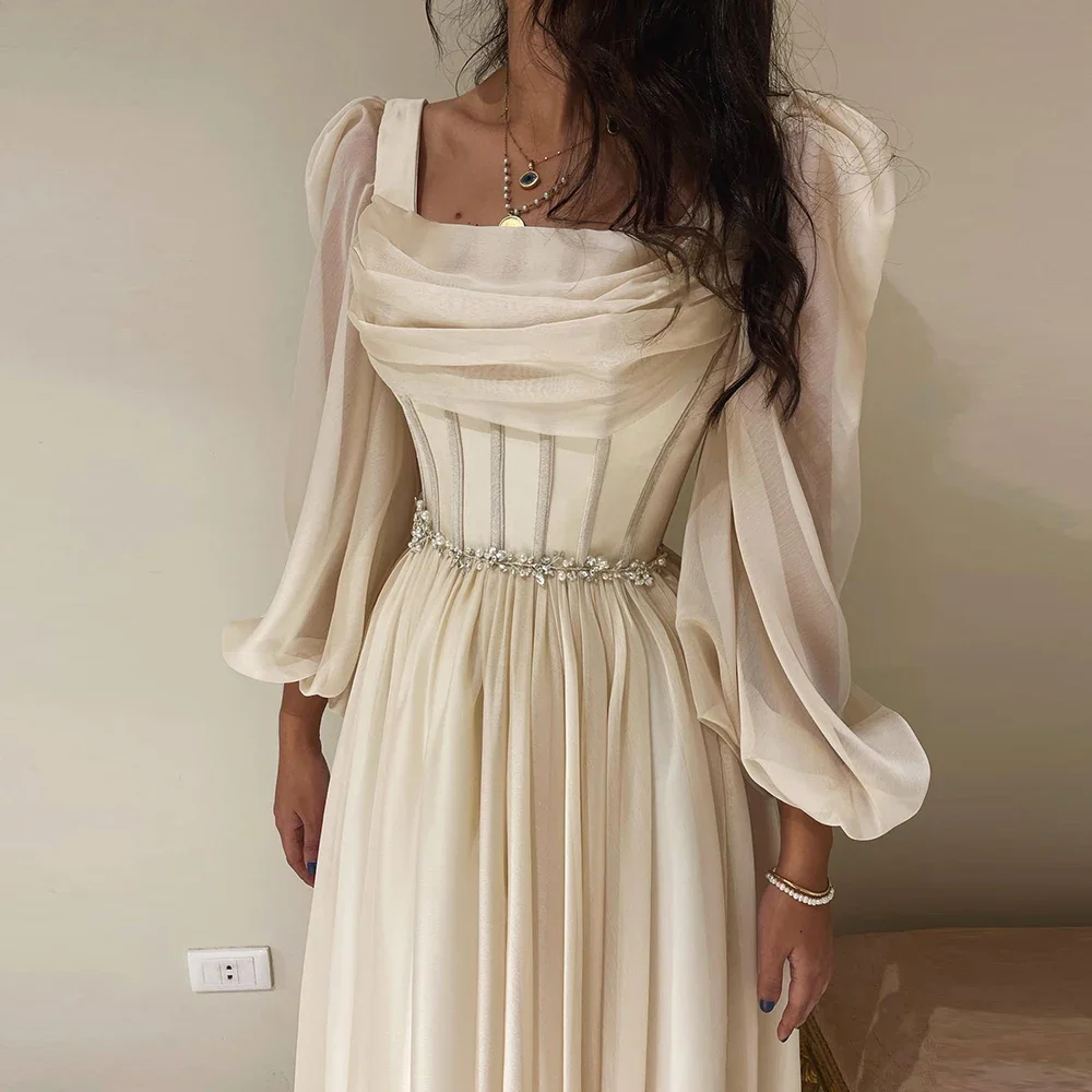 Vestido de noite curto chiffon com cinto para mulheres, comprimento chá, midi curto, vestidos de casamento formal, vestido de baile árabe, mangas compridas