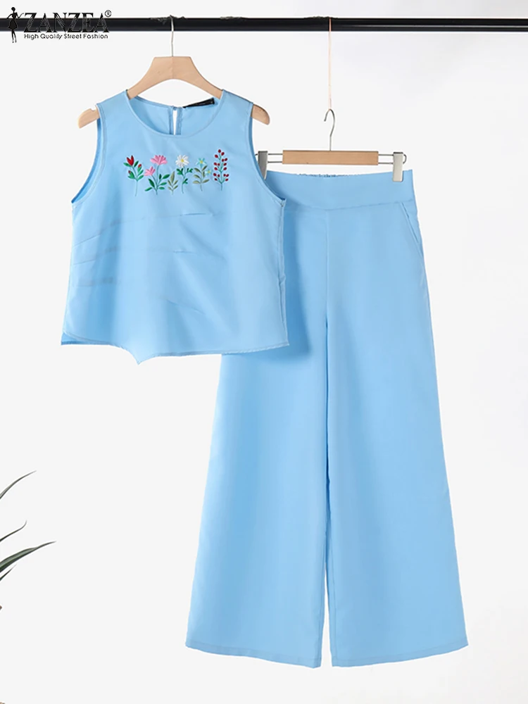 

2PCS Women Outfits Summer Pant Sets 2025 ZANZEA Elegant Sleeveless Embroidery Blouse Trousers Suit Fashion Tracksuits Oversize