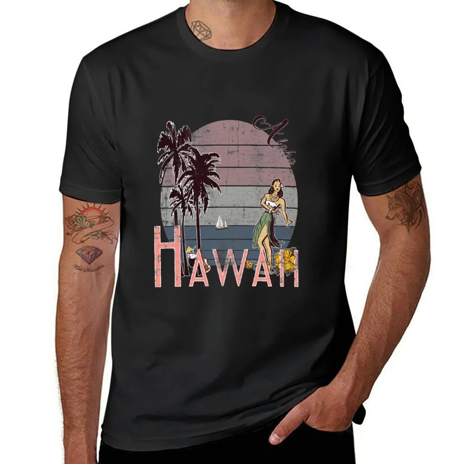 Hawaii Aloha Hula Girl Beach Decal T-Shirt summer tops tees sweat mens tall t shirts