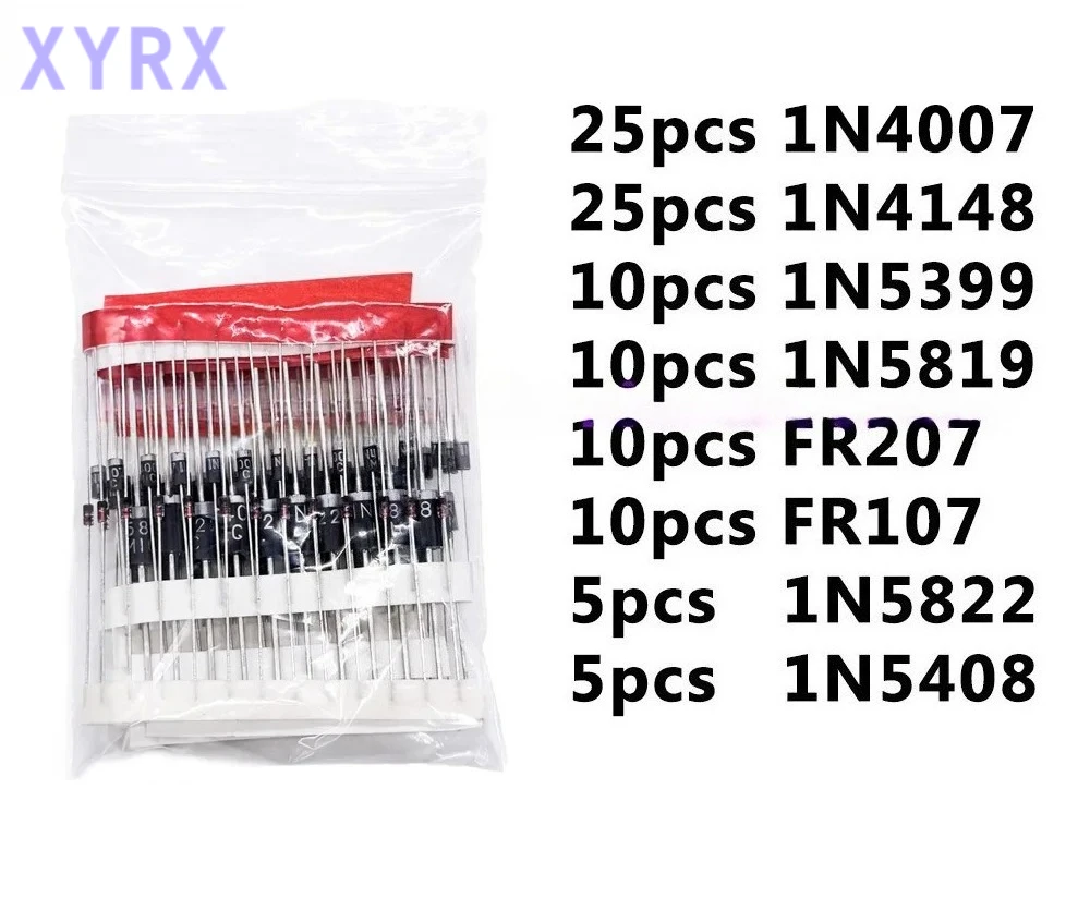 8 Values100PCS  Diode Electronic Component Kit Fast Switching Schottky set 1N4148 1N4007 1N5819 1N5399 1N5408 1N5822 FR107 FR207