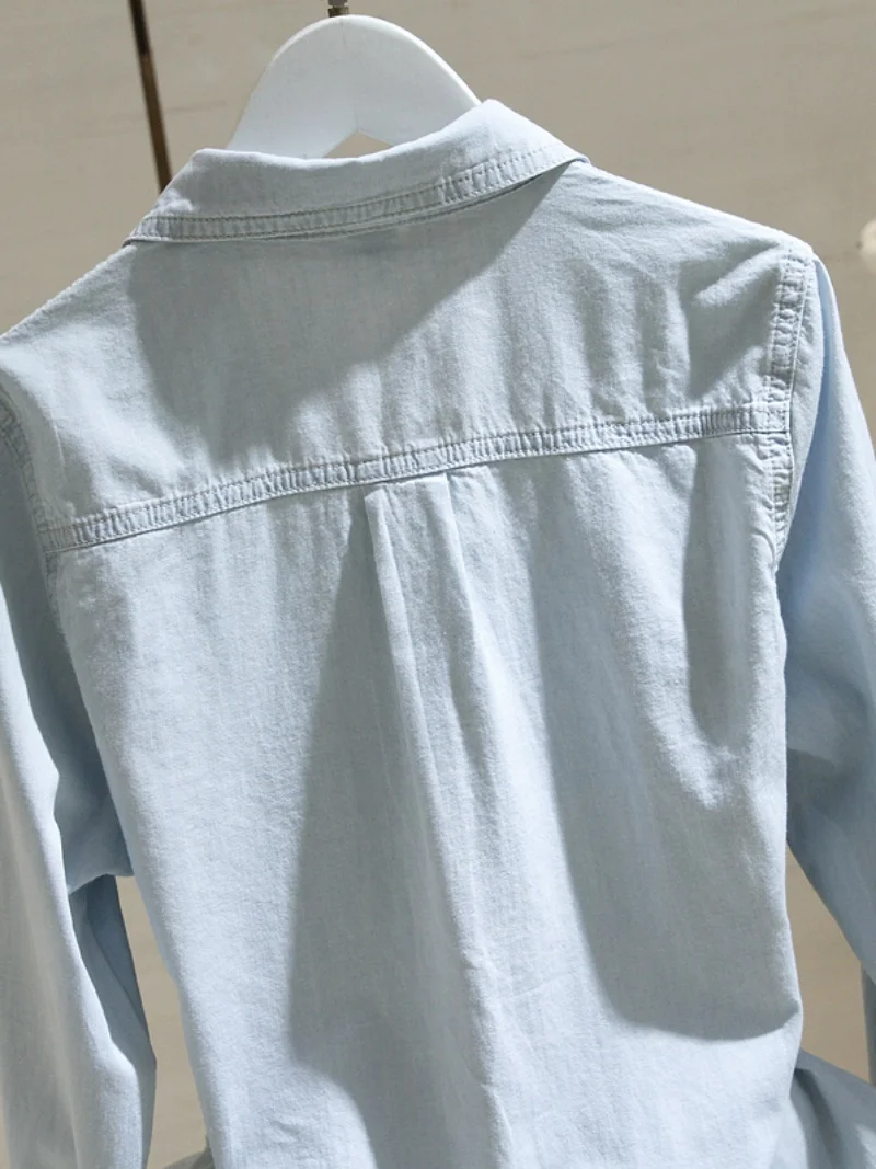 Retro Hong Kong Sle Women's Blue Denim irt Layering Spring Autumn New Loose Fit Cotton Blend Long Sve Button down