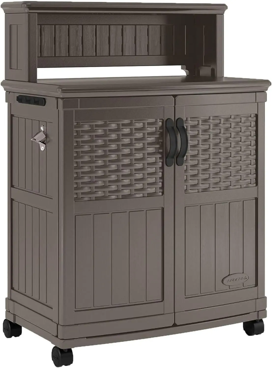 

Patio Plastic Storage and Prep Station with Decorative Wicker Pattern and Multi Wall Panels for Patio, Garden, and Lawn Use
