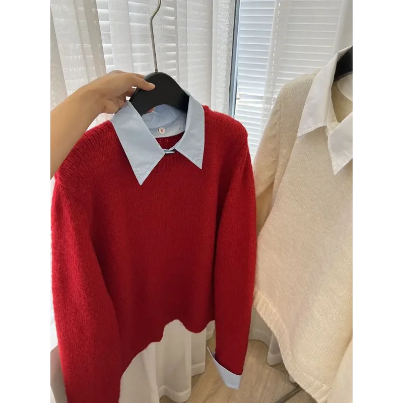 เสื้อสเวตเตอร์ถักไหมพรมสองชิ้น สไตล์ใหม่ คอตัดกัน สไตล์ลำลอง เสื้อสเวตเตอร์ถักไหมพรม