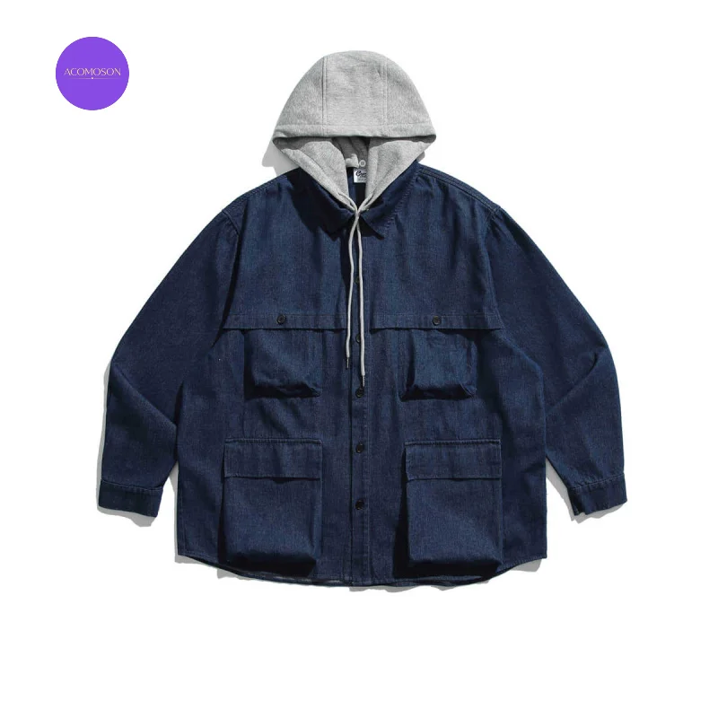 ACOMOSON Stylish Winter Autumn Detachable Hoodie Denim Jacket Travel Holiday Street Hiking Safari Men Multi-Pocket Jacket